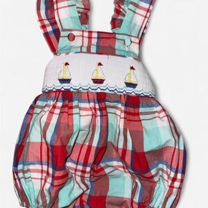 Classic Whimsy Smocked Plaid Sailboat baby Romper Bubble Size 3m